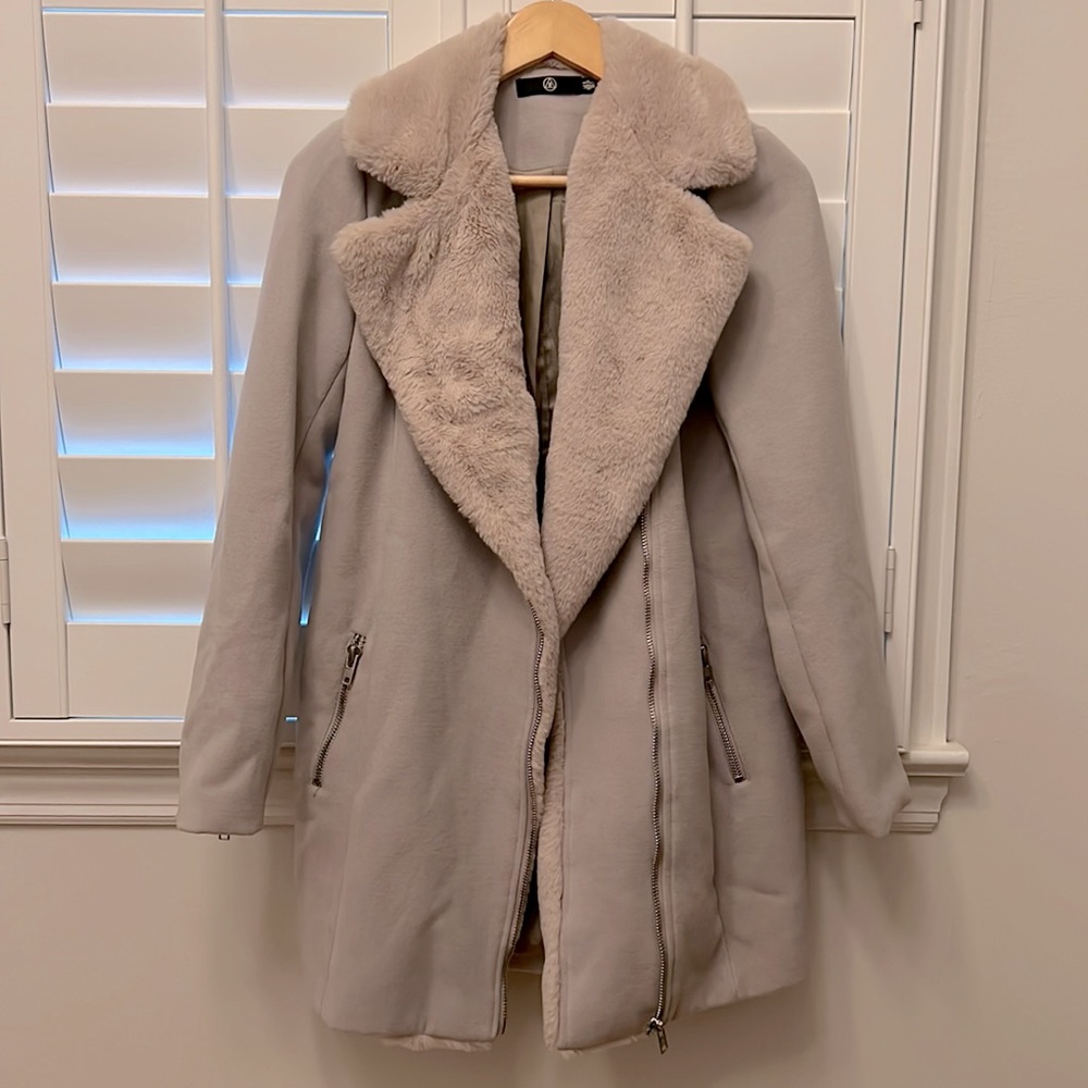 Like new! Missguided Faux Fur Lined Faux Wool Longline Biker Jacket in Nude